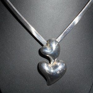 Heavy Gram Weight Double Puffed Heart Crossover 925 Silver Necklace